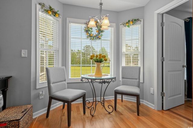 dining room featuring a chandelier, wood finished floors, baseboards, and healthy amount of natural light