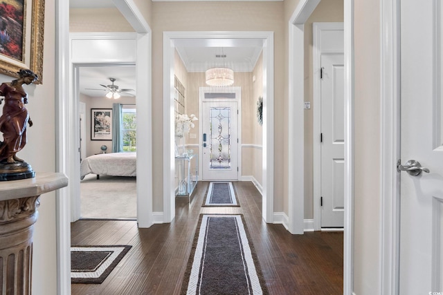 1681 Suncrest Dr, Myrtle Beach, SC 29577 - entryway featuring dark wood-type flooring, baseboards, ornamental molding, and ceiling fan