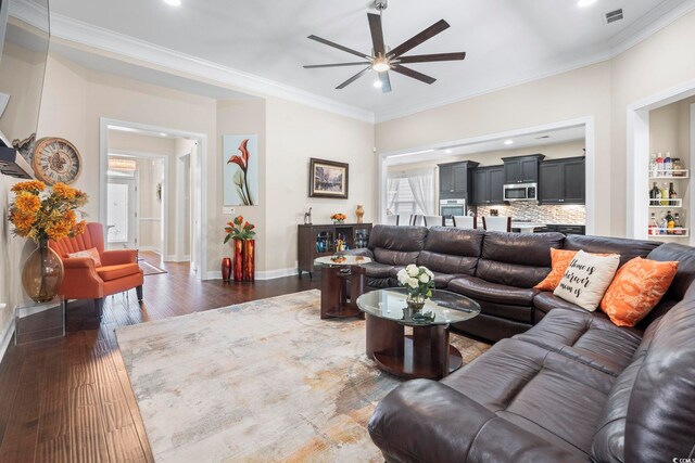 1681 Suncrest Dr, Myrtle Beach, SC 29577 - living area featuring ceiling fan, baseboards, ornamental molding, dark wood-type flooring, and recessed lighting