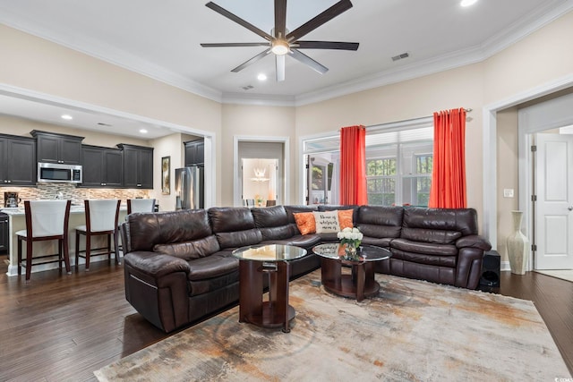 1681 Suncrest Dr, Myrtle Beach, SC 29577 - living area featuring ceiling fan, crown molding, dark wood-style flooring, and recessed lighting