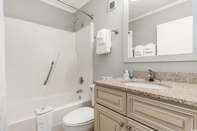bathroom with ornamental molding, toilet, tub / shower combination, and vanity