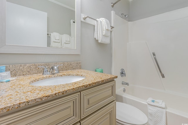 full bath with toilet, vanity, shower / bath combination, and ornamental molding