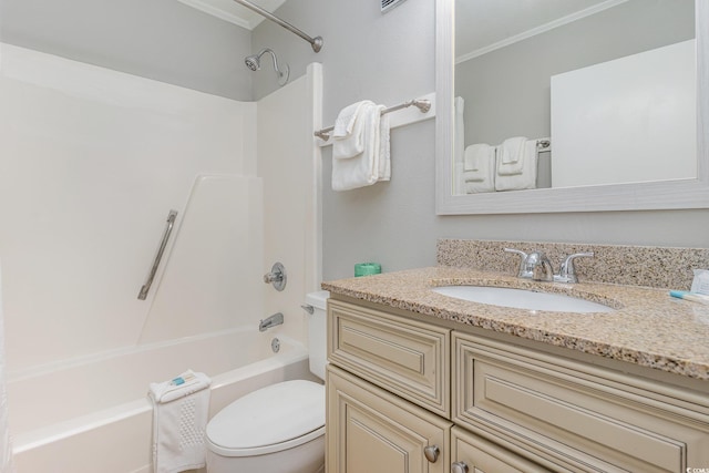 full bath with ornamental molding, toilet, shower / tub combination, and vanity