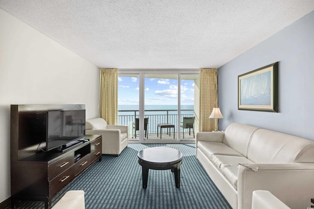 107 S Ocean Blvd Unit 1402, Myrtle Beach, SC 29577 - living area with floor to ceiling windows, dark carpet, and a textured ceiling