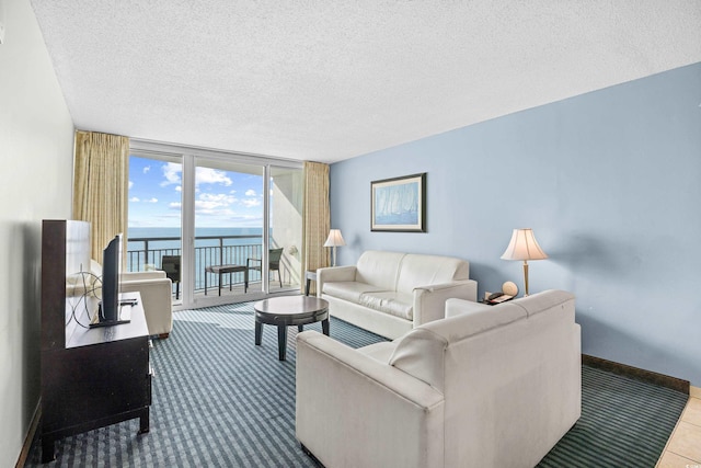107 S Ocean Blvd Unit 1402, Myrtle Beach, SC 29577 - living room featuring a textured ceiling, expansive windows, and baseboards