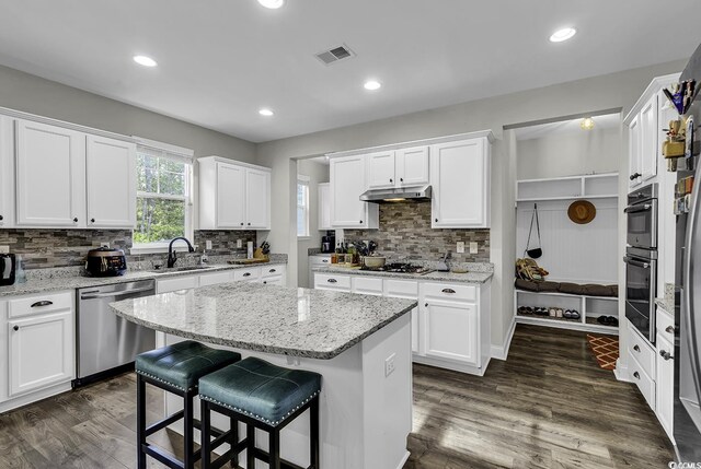 6239 Chadderton Cir, Myrtle Beach, SC 29579 - kitchen featuring stainless steel appliances, under cabinet range hood, a center island, white cabinetry, and recessed lighting