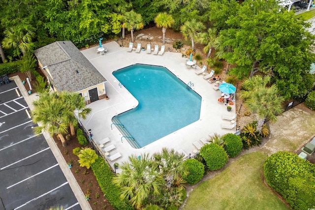 aerial view of a pool area