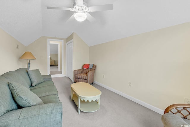 1729 Longleaf Dr, Myrtle Beach, SC 29575 - living room featuring carpet flooring, vaulted ceiling, a ceiling fan, and baseboards