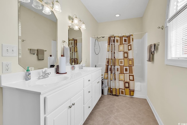 1729 Longleaf Dr, Myrtle Beach, SC 29575 - bathroom featuring tile patterned floors, double vanity, and shower / tub combo