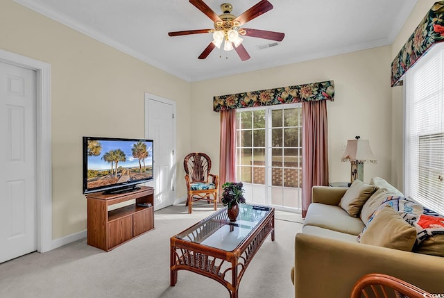 1729 Longleaf Dr, Myrtle Beach, SC 29575 - living area featuring a ceiling fan, light carpet, baseboards, and crown molding
