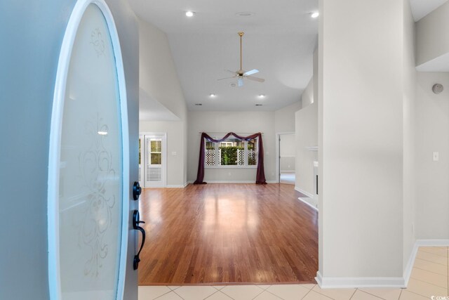 3107 Robyn Ct, Little River, SC 29566 - entrance foyer with ceiling fan, high vaulted ceiling, baseboards, wood finished floors, and recessed lighting