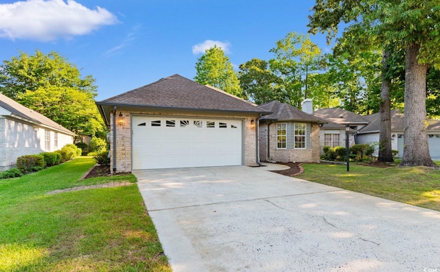 3107 Robyn Ct, Little River, SC 29566 - ranch-style home with brick siding, a chimney, a garage, driveway, and a front yard