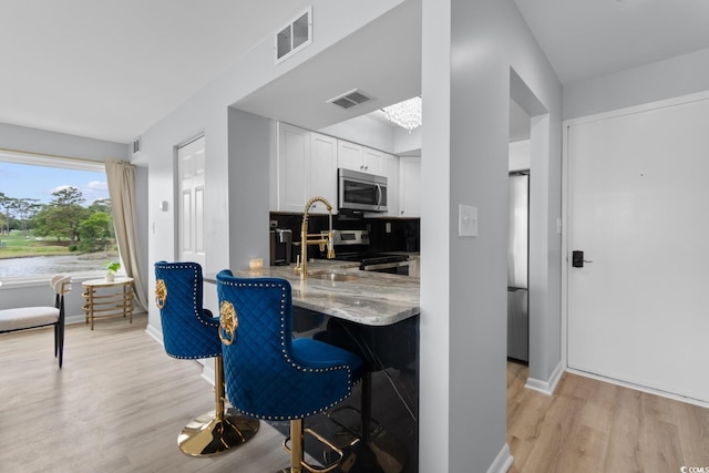 kitchen featuring appliances with stainless steel finishes, a sink, light stone counters, white cabinetry, and light wood-style floors