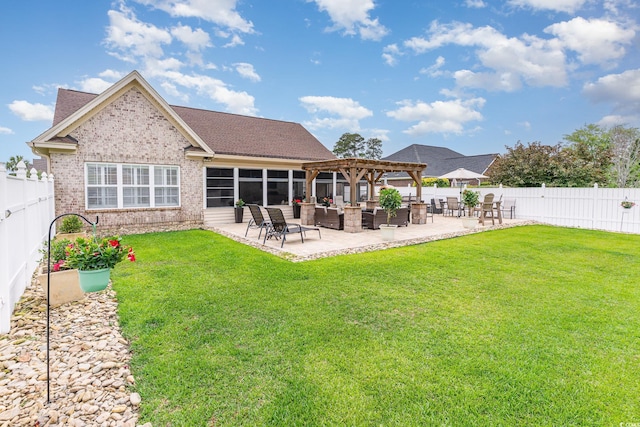 3757 Kingsley Dr, Myrtle Beach, SC 29588 - back of house with a pergola, a patio area, brick siding, and roof with shingles