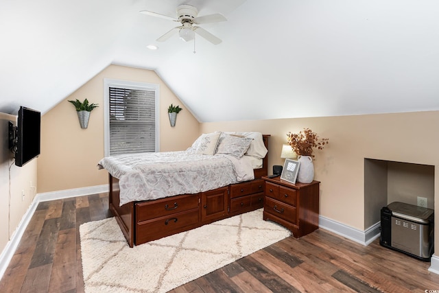 3757 Kingsley Dr, Myrtle Beach, SC 29588 - bedroom featuring baseboards, lofted ceiling, dark wood-style floors, and a ceiling fan