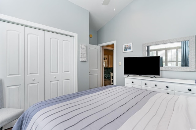 3757 Kingsley Dr, Myrtle Beach, SC 29588 - bedroom featuring a closet, ceiling fan, and high vaulted ceiling