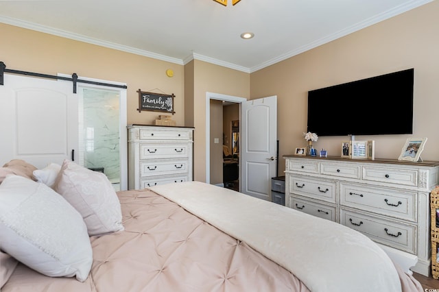 3757 Kingsley Dr, Myrtle Beach, SC 29588 - bedroom featuring ornamental molding, a barn door, and recessed lighting