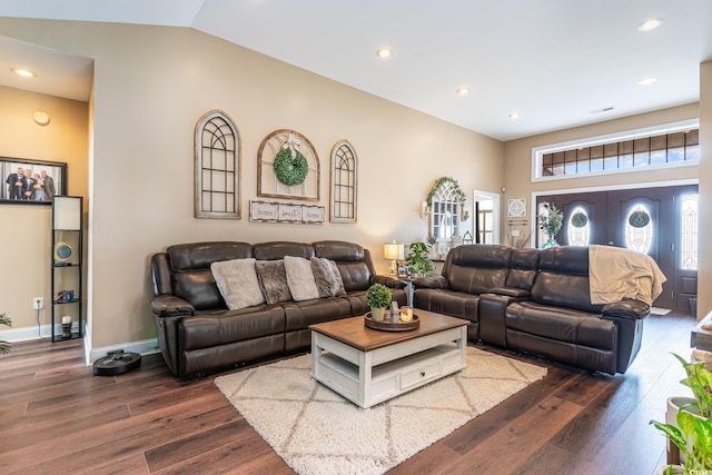 3757 Kingsley Dr, Myrtle Beach, SC 29588 - living room featuring dark wood-style floors, vaulted ceiling, baseboards, and recessed lighting