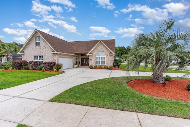 3757 Kingsley Dr, Myrtle Beach, SC 29588 - view of front of house with concrete driveway, a front lawn, a garage, and brick siding