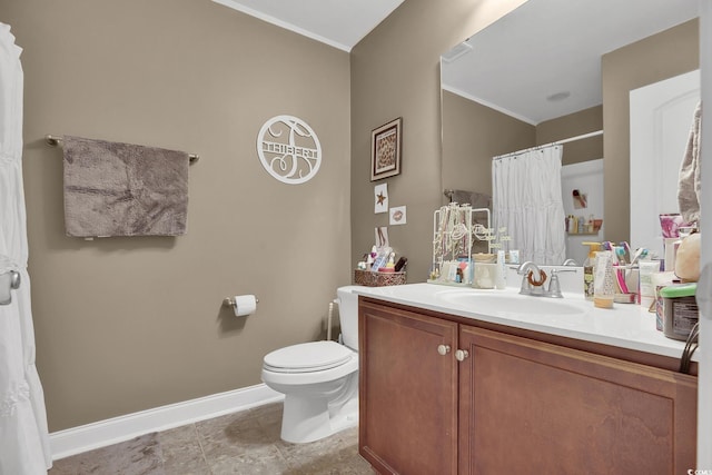 9232 Goodwill Ct, Myrtle Beach, SC 29579 - bathroom featuring baseboards, vanity, toilet, ornamental molding, and a shower with shower curtain