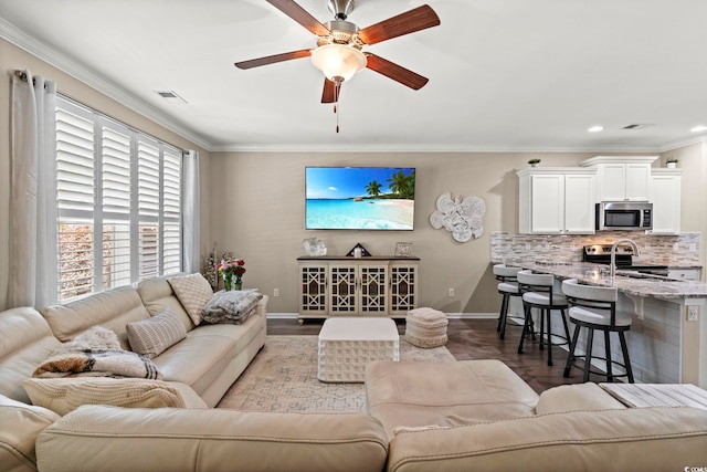 448 Papyrus Cir Unit 448, Little River, SC 29566 - living room featuring baseboards, a ceiling fan, crown molding, recessed lighting, and wood finished floors