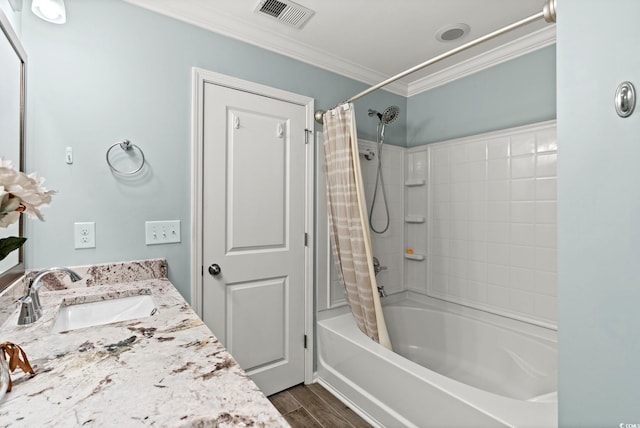 448 Papyrus Cir Unit 448, Little River, SC 29566 - bathroom featuring a sink, ornamental molding, wood finished floors, and shower / tub combo