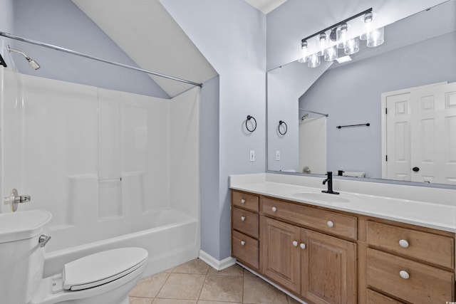 full bathroom with toilet, bathtub / shower combination, tile patterned floors, vanity, and baseboards