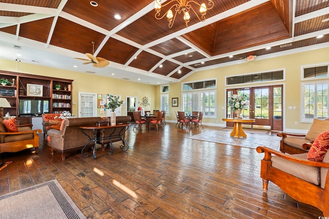 lobby with wood ceiling, beam ceiling, recessed lighting, and high vaulted ceiling