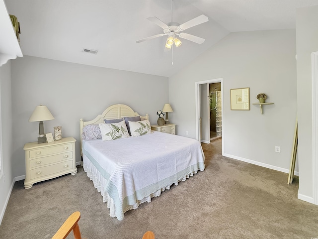 bedroom featuring lofted ceiling, carpet flooring, baseboards, and a ceiling fan