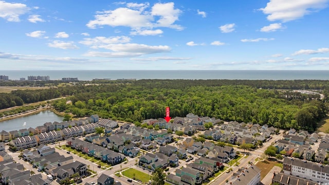 aerial perspective of suburban area featuring a large body of water and a heavily wooded area