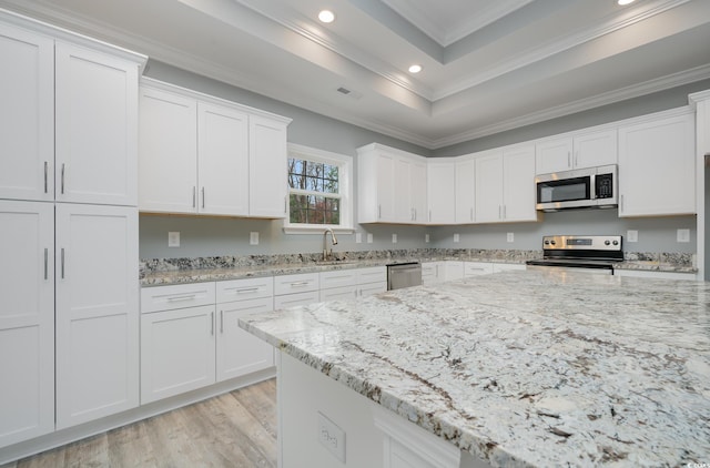 kitchen featuring stainless steel appliances, ornamental molding, a tray ceiling, recessed lighting, and white cabinetry