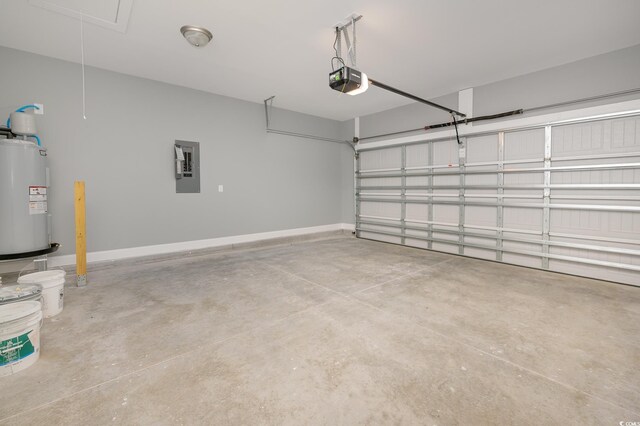 garage featuring water heater, electric panel, a garage door opener, and baseboards