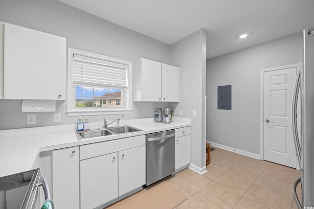 kitchen with appliances with stainless steel finishes, a sink, electric panel, white cabinets, and light countertops