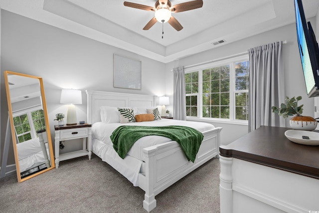 carpeted bedroom featuring multiple windows, a tray ceiling, and ceiling fan
