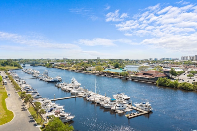 aerial view of a nearby body of water and a marina