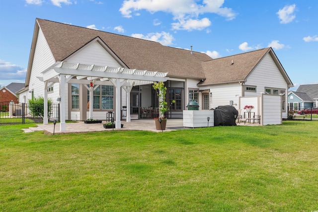 back of house featuring a pergola, a patio area, and roof with shingles