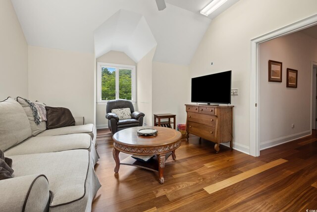 352 Old Carriage Loop, Georgetown, SC 29440 - living area with wood finished floors, vaulted ceiling, baseboards, and ceiling fan