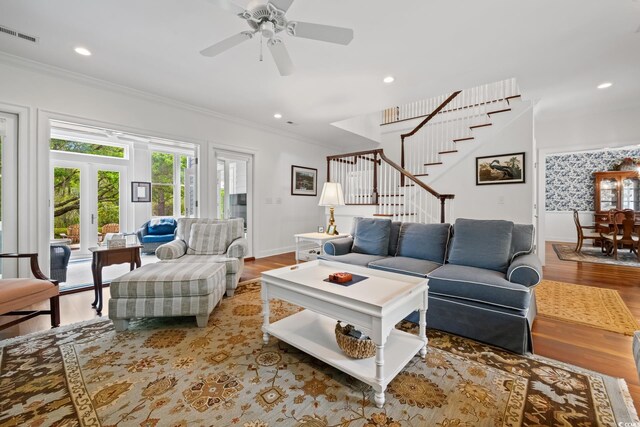 352 Old Carriage Loop, Georgetown, SC 29440 - living area with ornamental molding, stairs, wood finished floors, recessed lighting, and a ceiling fan