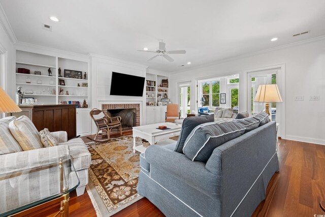 352 Old Carriage Loop, Georgetown, SC 29440 - living area with ceiling fan, crown molding, wood finished floors, a fireplace, and recessed lighting