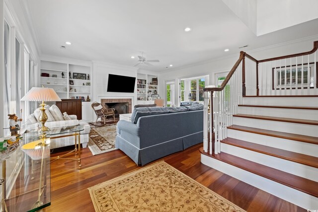 352 Old Carriage Loop, Georgetown, SC 29440 - living area with ceiling fan, stairs, ornamental molding, wood finished floors, and recessed lighting