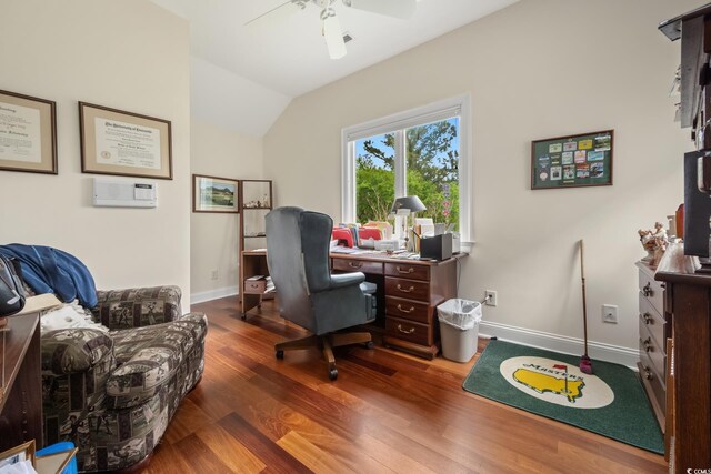 352 Old Carriage Loop, Georgetown, SC 29440 - home office featuring wood finished floors, a ceiling fan, baseboards, and lofted ceiling