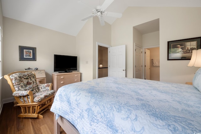 352 Old Carriage Loop, Georgetown, SC 29440 - bedroom featuring wood finished floors, high vaulted ceiling, and a ceiling fan