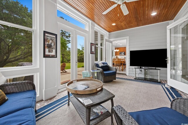 352 Old Carriage Loop, Georgetown, SC 29440 - living room featuring wood ceiling, a ceiling fan, recessed lighting, and french doors