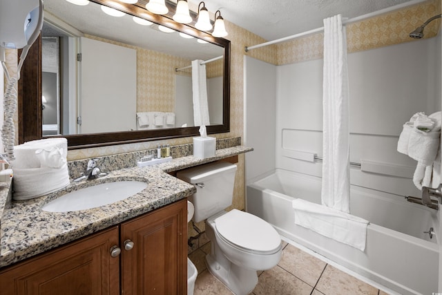 2701 N Ocean Blvd Unit 1260, Myrtle Beach, SC 29577 - bathroom featuring shower / bath combination with curtain, toilet, vanity, tile patterned floors, and wallpapered walls