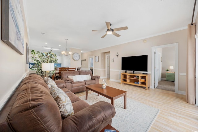 living area with ceiling fan, light wood finished floors, a chandelier, baseboards, and recessed lighting