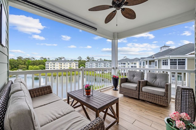 4828 Magnolia Lakes Dr Unit 404, Myrtle Beach, SC 29577 - deck with an outdoor hangout area, a water view, ceiling fan, and a residential view