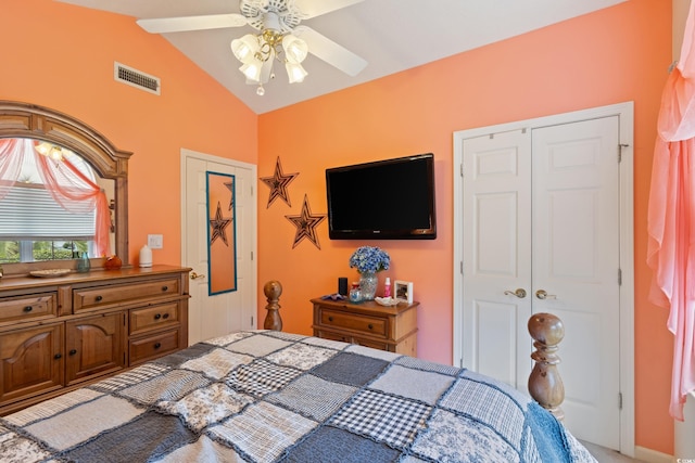 bedroom featuring lofted ceiling and ceiling fan