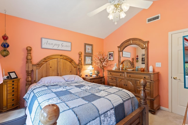 bedroom with light colored carpet, ceiling fan, high vaulted ceiling, and baseboards