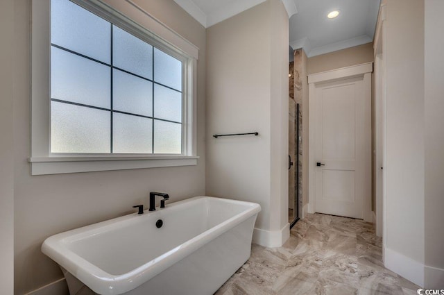 bathroom with marble tiled flooring, a stall shower, ornamental molding, a soaking tub, and baseboards