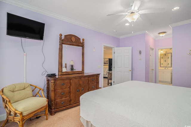bedroom featuring ornamental molding, recessed lighting, light colored carpet, a ceiling fan, and connected bathroom